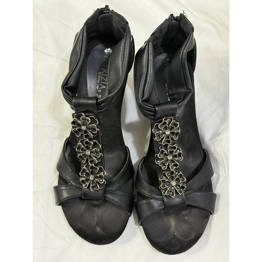 Patrizia by Spring Step Poppy-BB Wedge Sandals Size 7.5-8 Black Leather‎ Floral